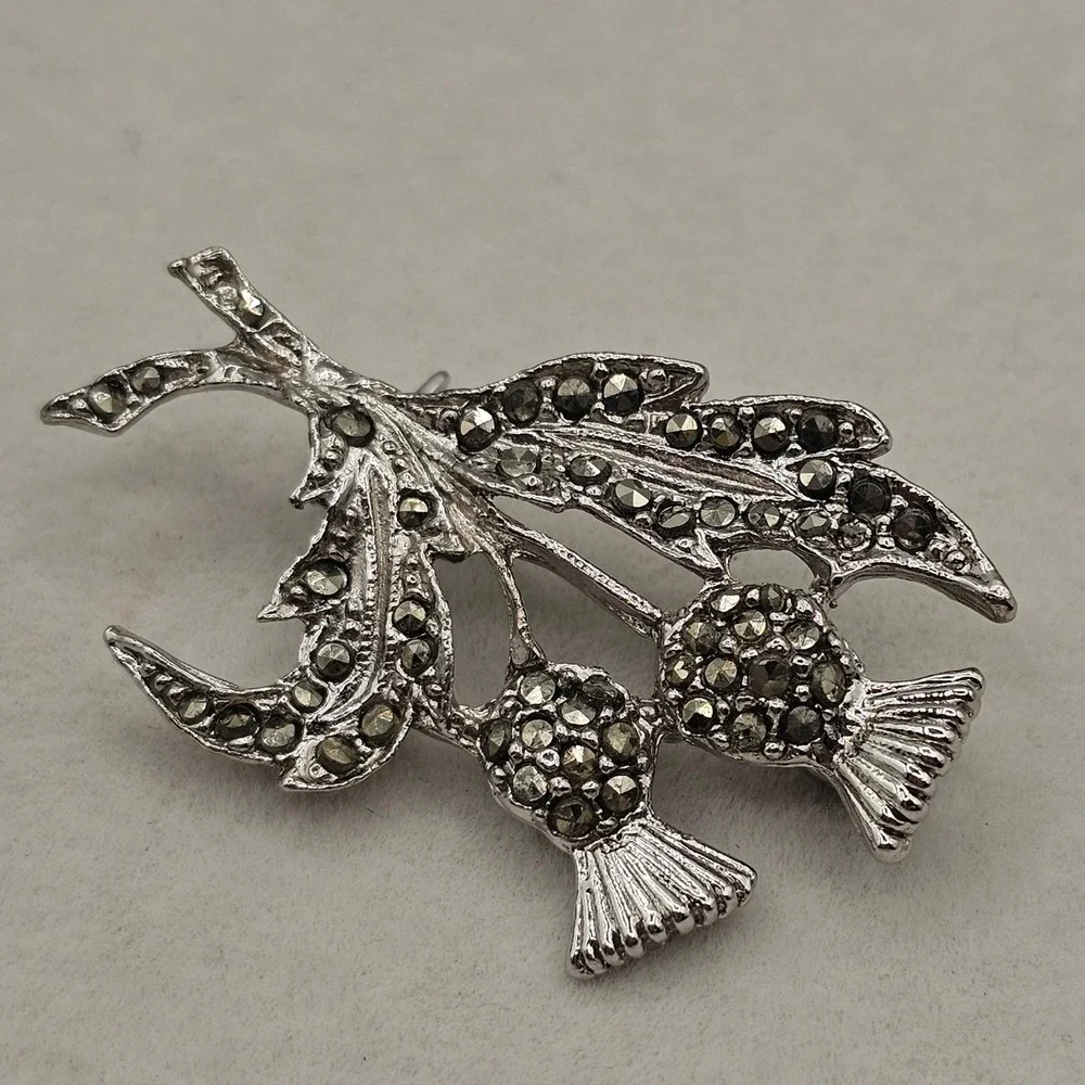 Scottish Double Thistle Brooch Silver Tone Celtic Marcasite Style Floral Pin